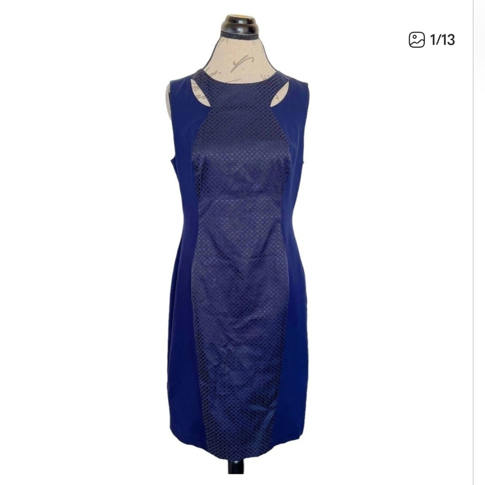 Cache Dress Womens Sleeveless Blue Textured Sheath Open Back Date Night Size 6